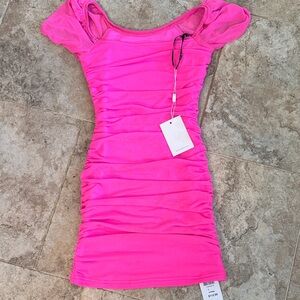 NWT Katie J NYC hot pink ruched Anya dress kids size large Mesh short sleeve